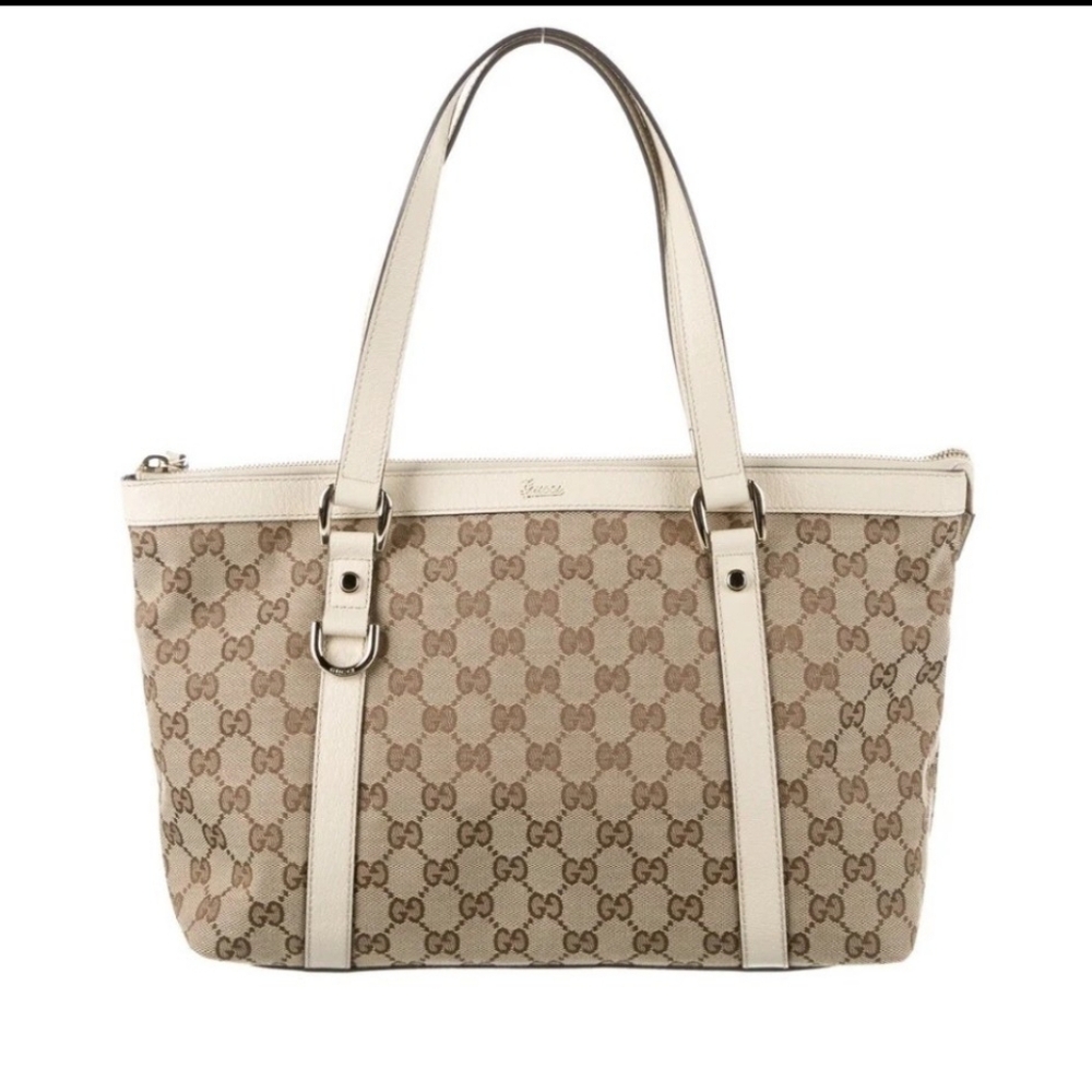 Gucci Authentic Monogram Tote GG Abbey Cream Leather Canvas Medium Bag EUC Chic
